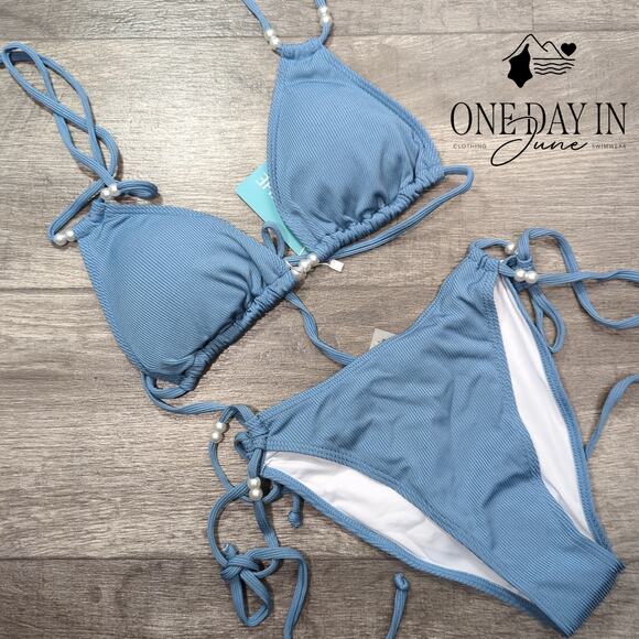 Tashehe Adjustable Triangle Ribbed Tie Side Bikini Swimsuit Size M - Picture 3 of 7